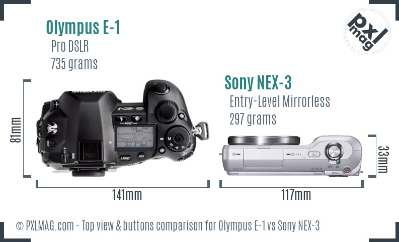 Olympus E-1 vs Sony NEX-3 top view buttons comparison