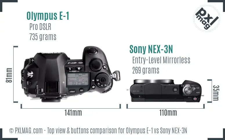 Olympus E-1 vs Sony NEX-3N top view buttons comparison