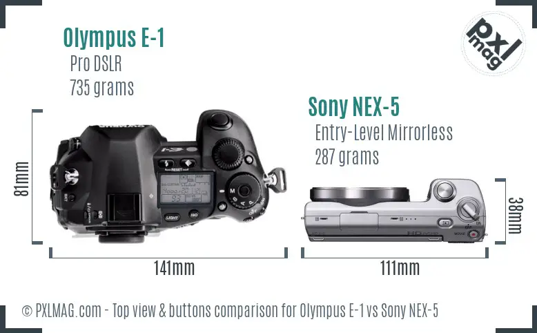 Olympus E-1 vs Sony NEX-5 top view buttons comparison