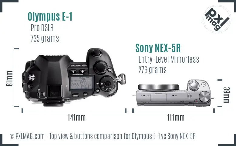 Olympus E-1 vs Sony NEX-5R top view buttons comparison