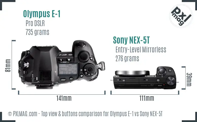 Olympus E-1 vs Sony NEX-5T top view buttons comparison