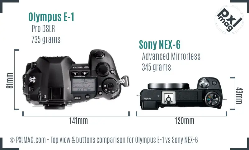 Olympus E-1 vs Sony NEX-6 top view buttons comparison