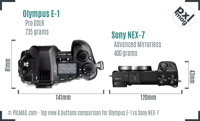 Olympus E-1 vs Sony NEX-7 top view buttons comparison