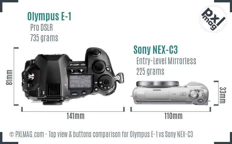 Olympus E-1 vs Sony NEX-C3 top view buttons comparison