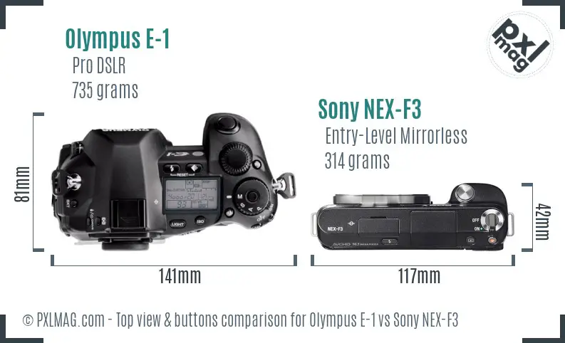 Olympus E-1 vs Sony NEX-F3 top view buttons comparison