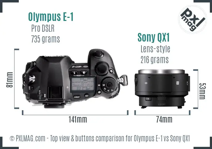 Olympus E-1 vs Sony QX1 top view buttons comparison