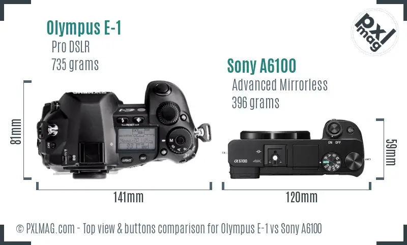 Olympus E-1 vs Sony A6100 top view buttons comparison Olympus E-1 vs Sony A6100 top view buttons comparison