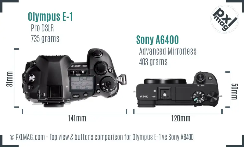 Olympus E-1 vs Sony A6400 top view buttons comparison