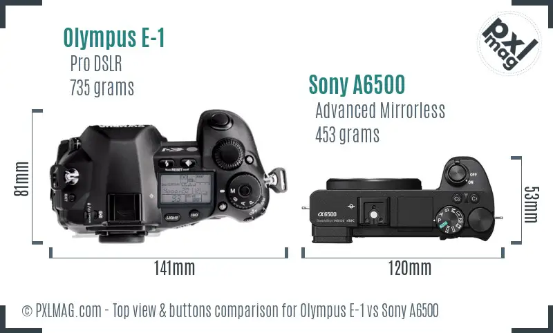 Olympus E-1 vs Sony A6500 top view buttons comparison