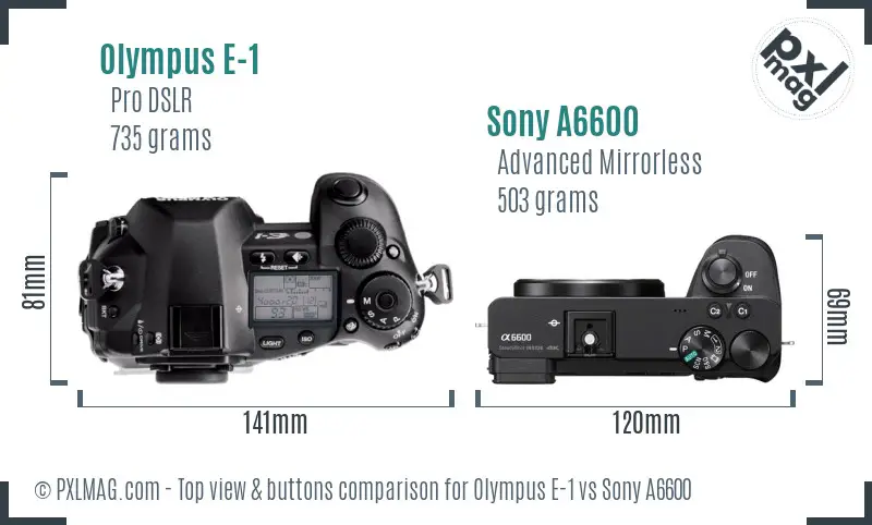 Olympus E-1 vs Sony A6600 top view buttons comparison