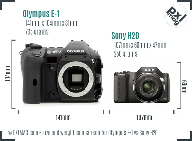 Olympus E-1 vs Sony H20 size comparison