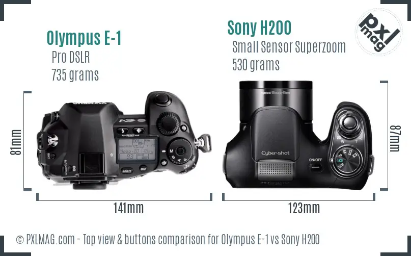 Olympus E-1 vs Sony H200 top view buttons comparison