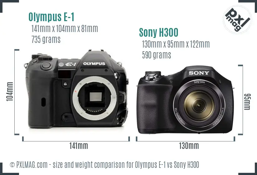 Olympus E-1 vs Sony H300 size comparison