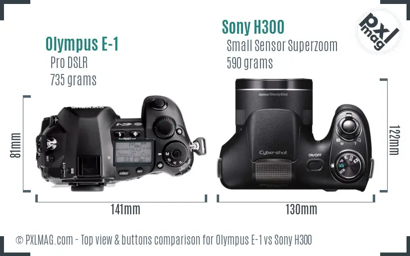 Olympus E-1 vs Sony H300 top view buttons comparison