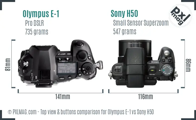 Olympus E-1 vs Sony H50 top view buttons comparison