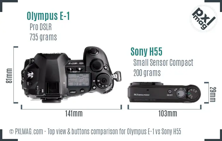 Olympus E-1 vs Sony H55 top view buttons comparison
