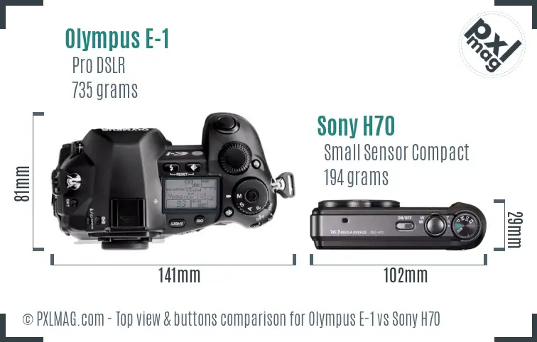Olympus E-1 vs Sony H70 top view buttons comparison