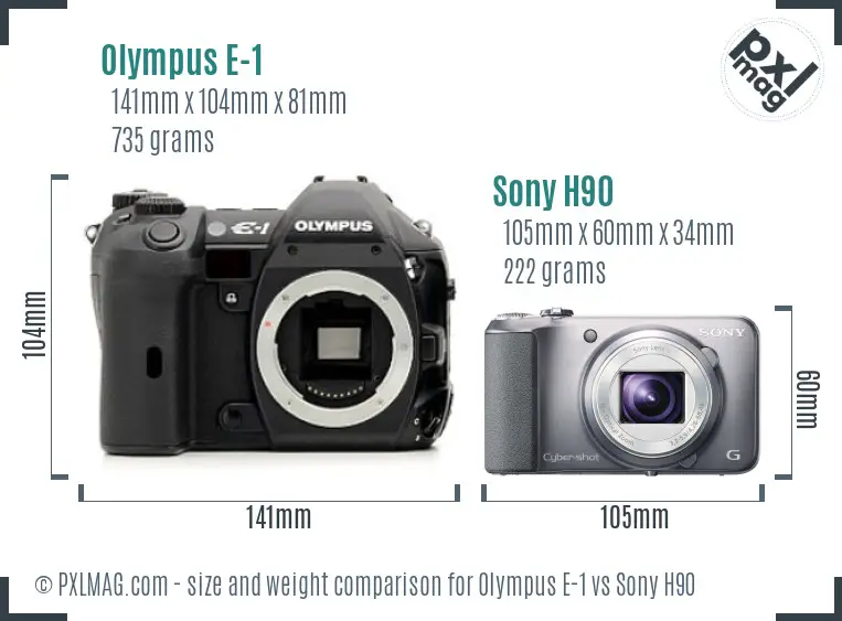 Olympus E-1 vs Sony H90 size comparison