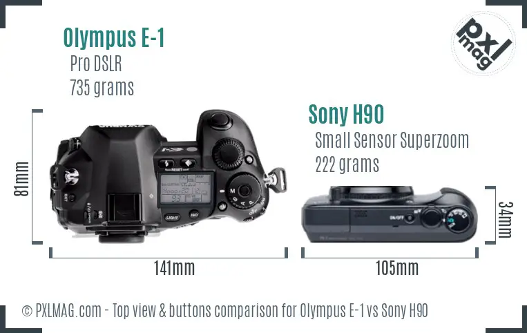 Olympus E-1 vs Sony H90 top view buttons comparison