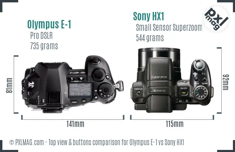 Olympus E-1 vs Sony HX1 top view buttons comparison
