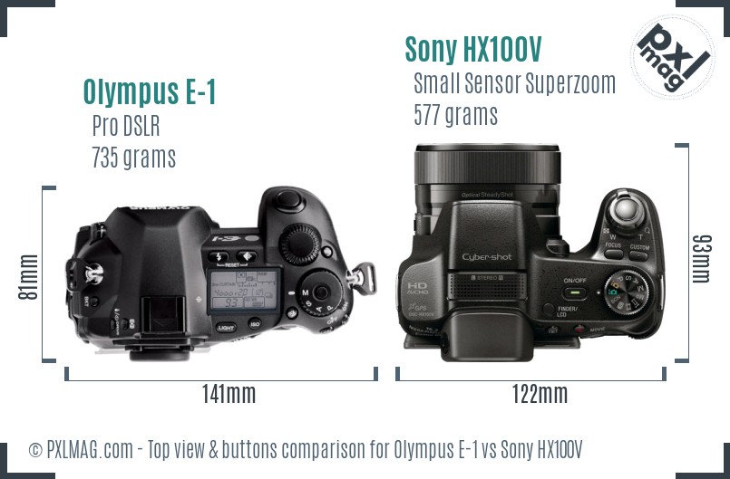 Olympus E-1 vs Sony HX100V top view buttons comparison