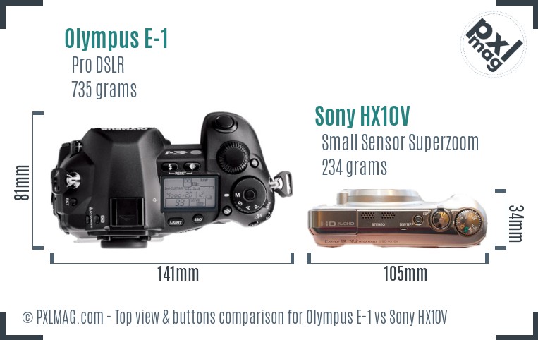 Olympus E-1 vs Sony HX10V top view buttons comparison