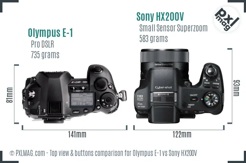 Olympus E-1 vs Sony HX200V top view buttons comparison
