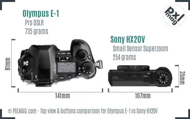 Olympus E-1 vs Sony HX20V top view buttons comparison