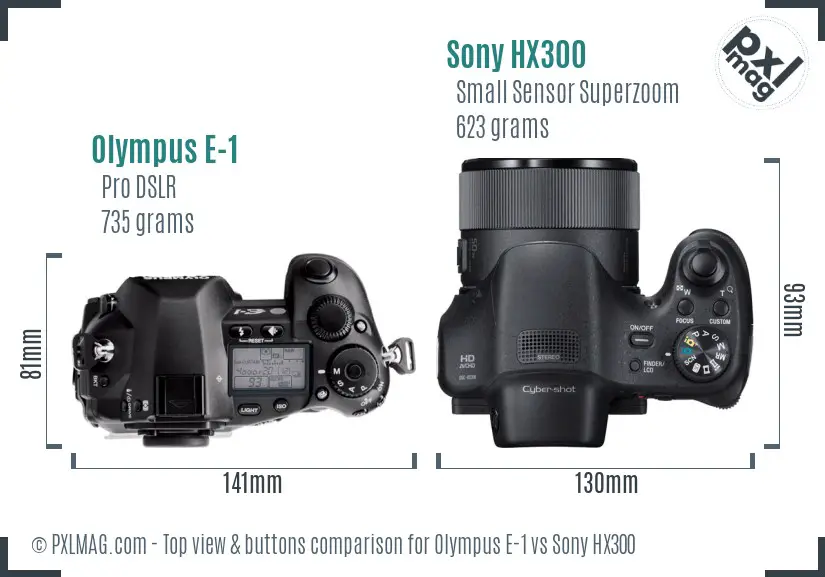 Olympus E-1 vs Sony HX300 top view buttons comparison