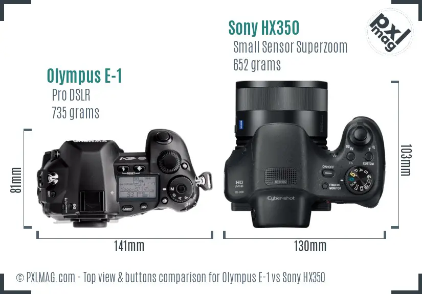 Olympus E-1 vs Sony HX350 top view buttons comparison