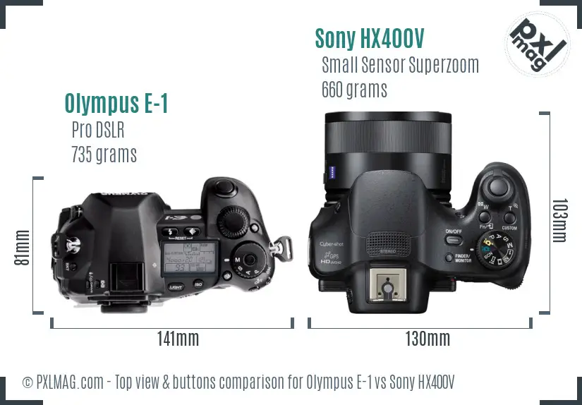 Olympus E-1 vs Sony HX400V top view buttons comparison