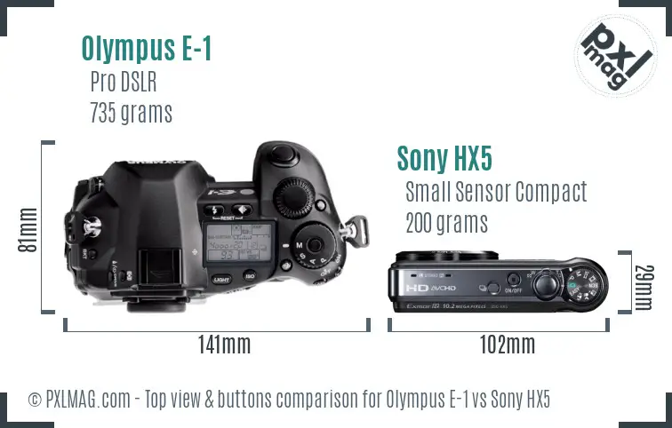 Olympus E-1 vs Sony HX5 top view buttons comparison