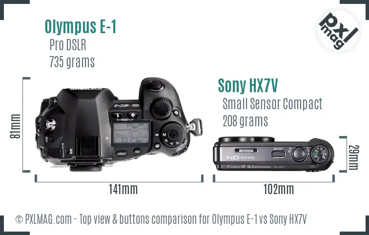 Olympus E-1 vs Sony HX7V top view buttons comparison