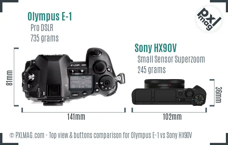 Olympus E-1 vs Sony HX90V top view buttons comparison