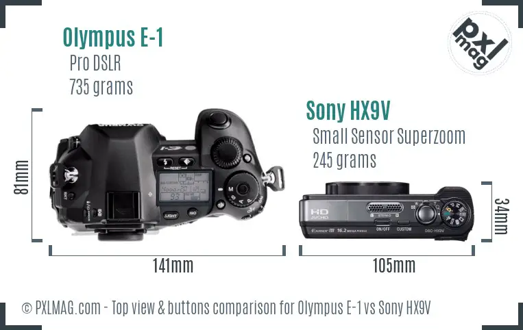 Olympus E-1 vs Sony HX9V top view buttons comparison