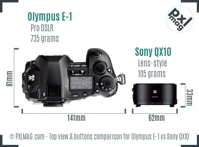Olympus E-1 vs Sony QX10 top view buttons comparison