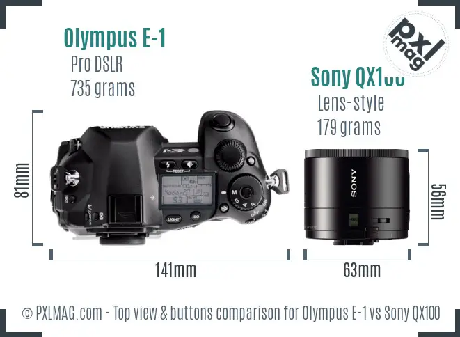 Olympus E-1 vs Sony QX100 top view buttons comparison