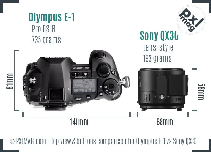 Olympus E-1 vs Sony QX30 top view buttons comparison