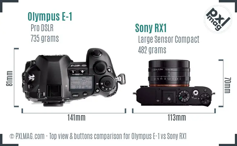 Olympus E-1 vs Sony RX1 top view buttons comparison