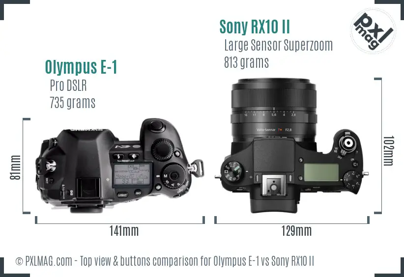 Olympus E-1 vs Sony RX10 II top view buttons comparison