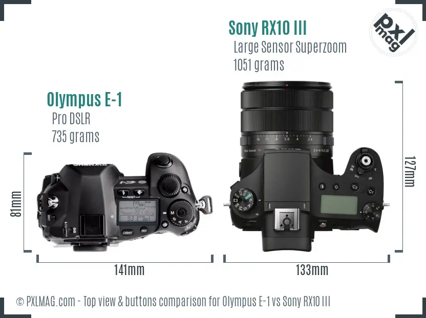 Olympus E-1 vs Sony RX10 III top view buttons comparison
