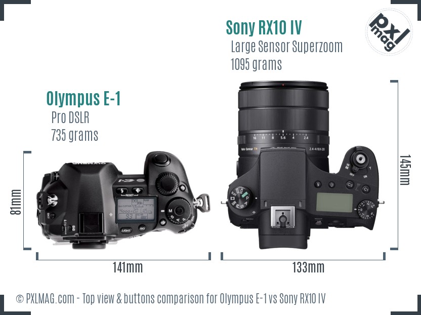 Olympus E-1 vs Sony RX10 IV top view buttons comparison