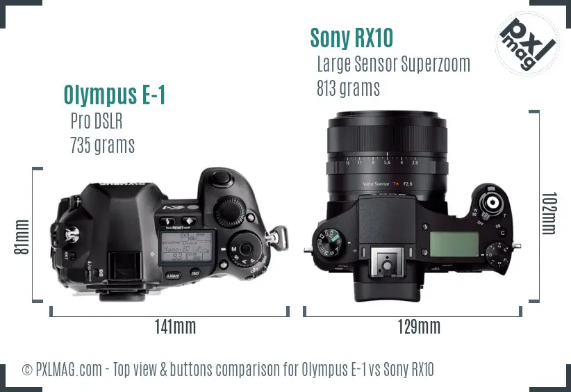 Olympus E-1 vs Sony RX10 top view buttons comparison