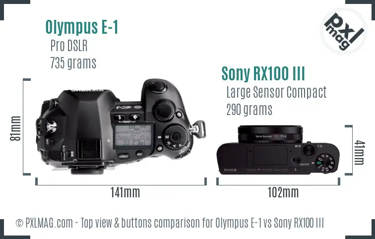 Olympus E-1 vs Sony RX100 III top view buttons comparison