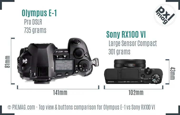 Olympus E-1 vs Sony RX100 VI top view buttons comparison