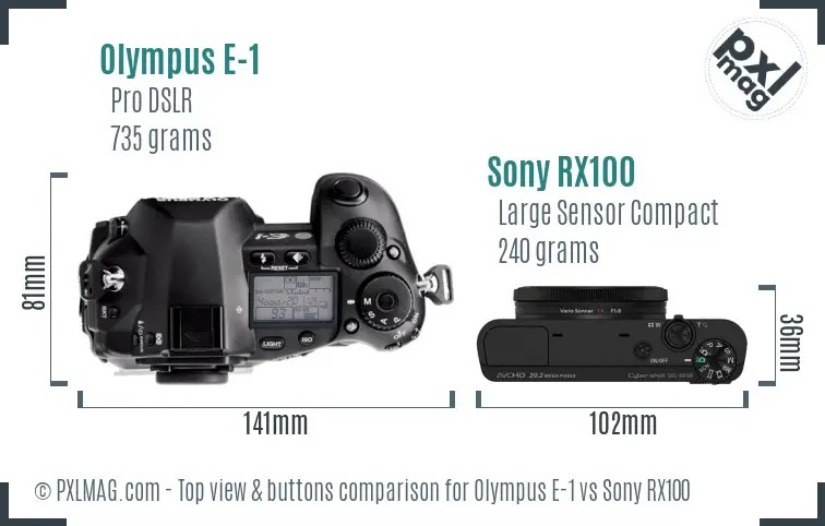 Olympus E-1 vs Sony RX100 top view buttons comparison