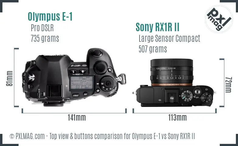 Olympus E-1 vs Sony RX1R II top view buttons comparison