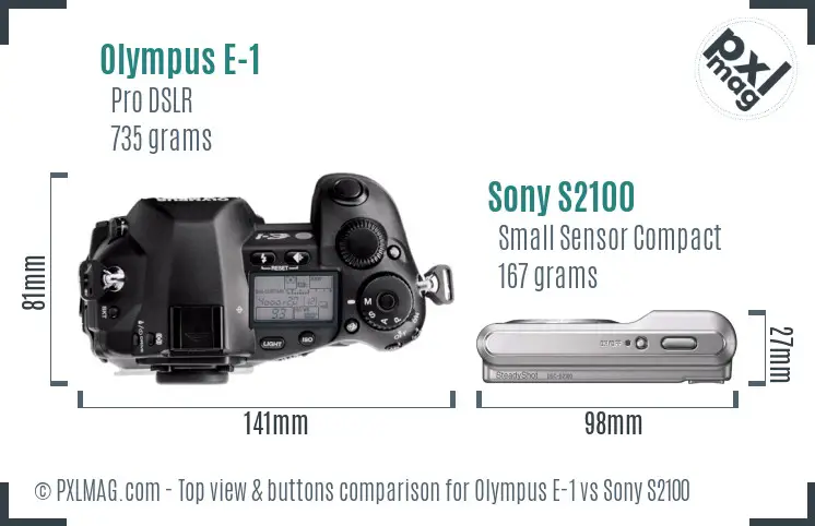 Olympus E-1 vs Sony S2100 top view buttons comparison