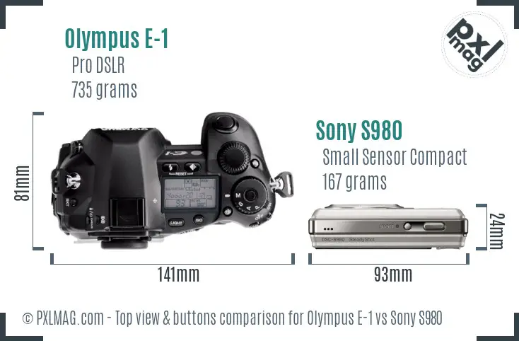 Olympus E-1 vs Sony S980 top view buttons comparison