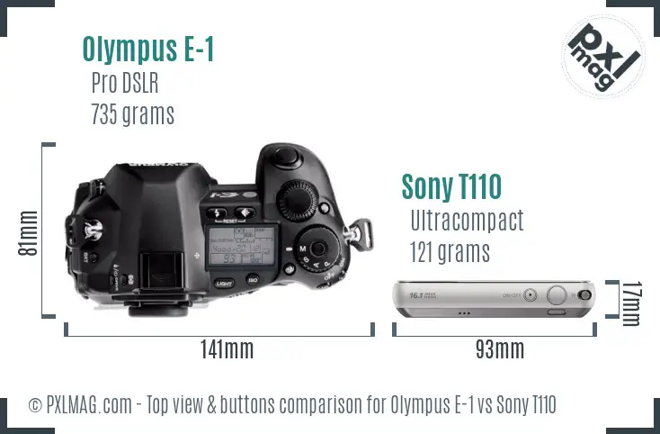 Olympus E-1 vs Sony T110 top view buttons comparison